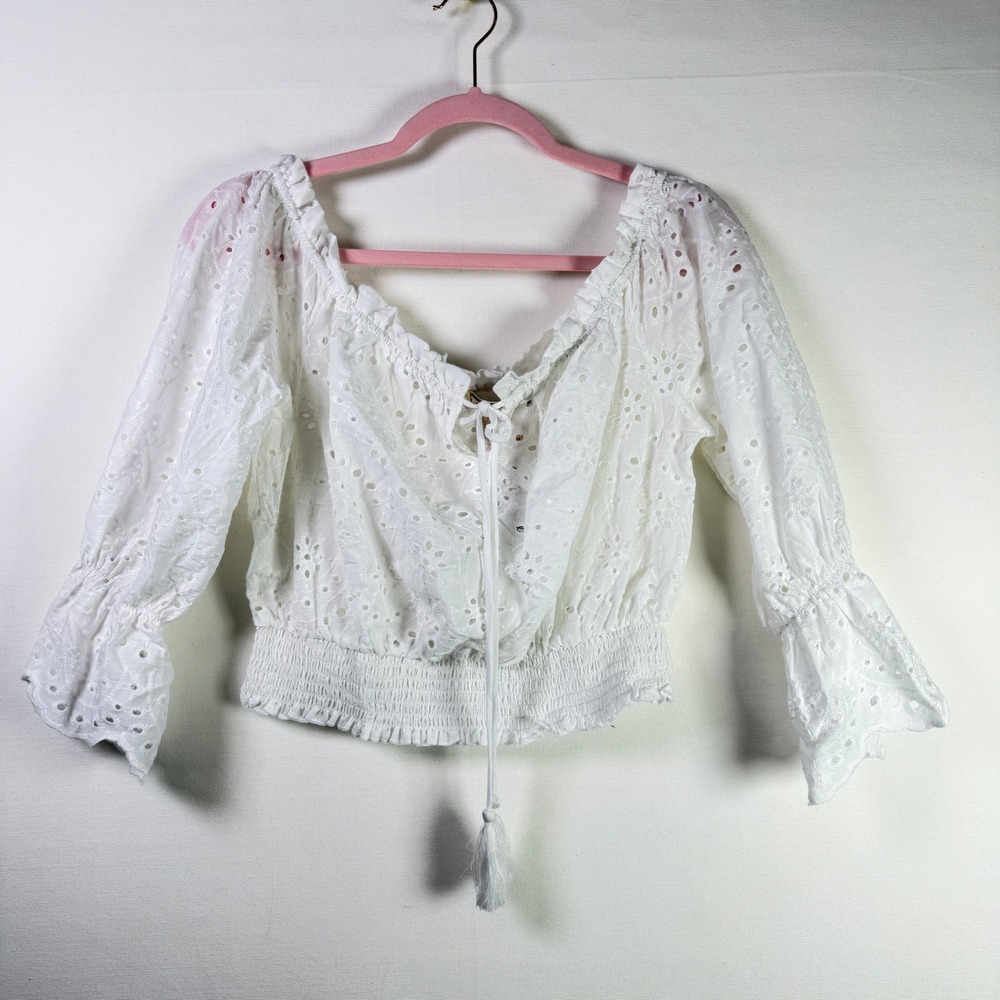 FLYING TOMATO White Eyelet Lace Up Smocked Crop Top L
